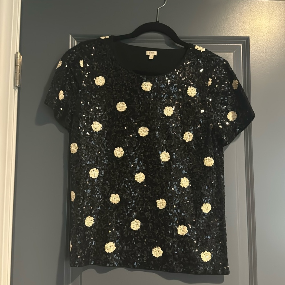 J Crew Black and White Polka Dot Sequined Top, Size M